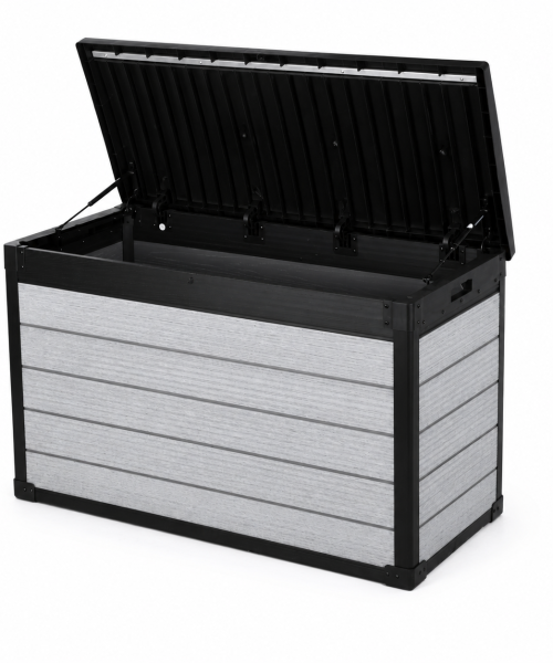 Pro Grade 540L Outdoor Garden Storage Box - Grey Woodgrain - Black Lid