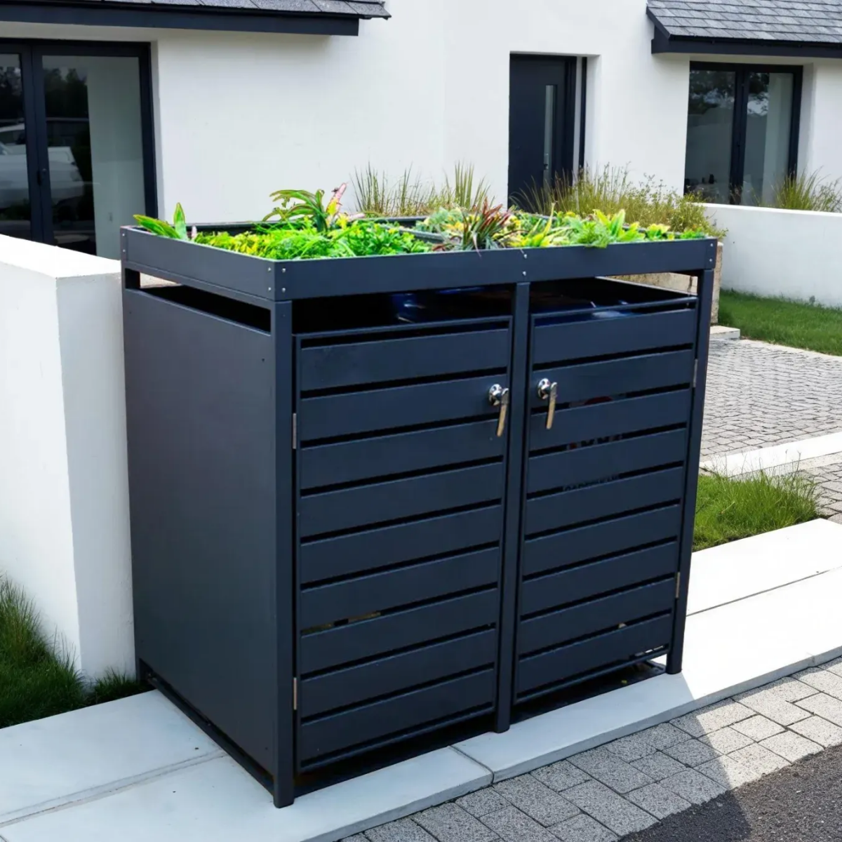 Anthracite Grey Wheelie Bin Storage With Planter- Double Bin Store - Image 2