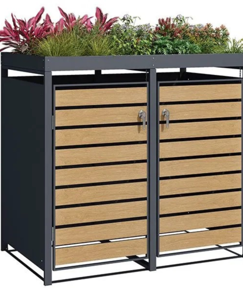 Wood Effect Wheelie Bin Storage With Planter- Double Bin Store