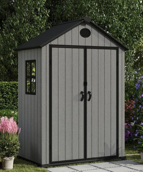 Pro Grade 6ft x 4ft Premium Plastic Garden Shed Double Door - Grey Wood Touch Texture