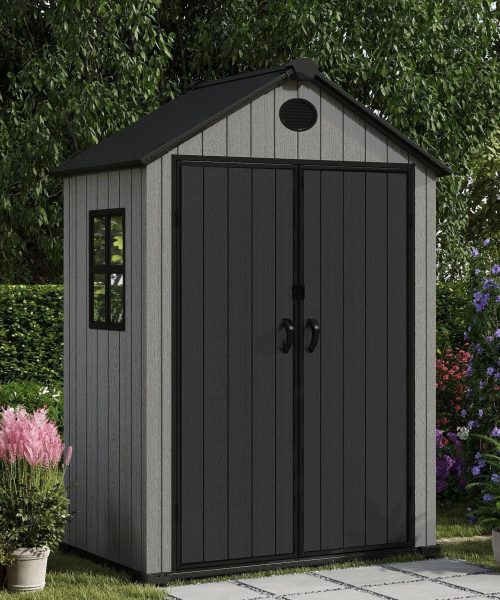 Pro Grade 6ft x 4ft Premium Plastic Garden Shed Double Door - Grey/Anthracite Wood Touch Texture