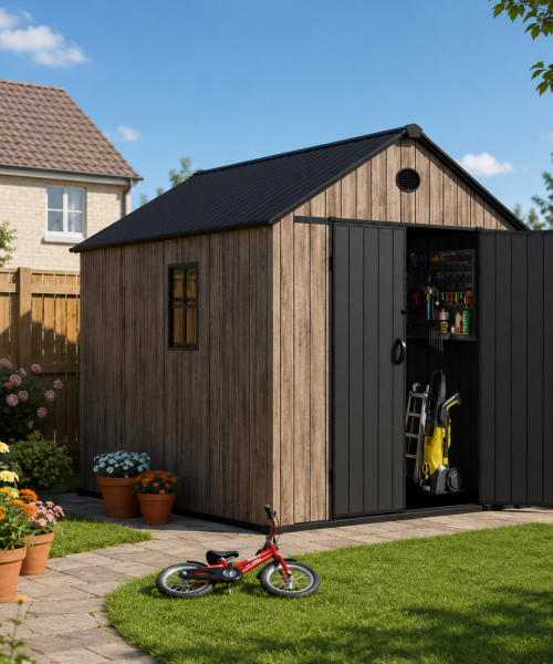 Pro Grade 6ft x 8ft Premium Plastic Double Door Garden Shed - Oak Woodgrain Texture