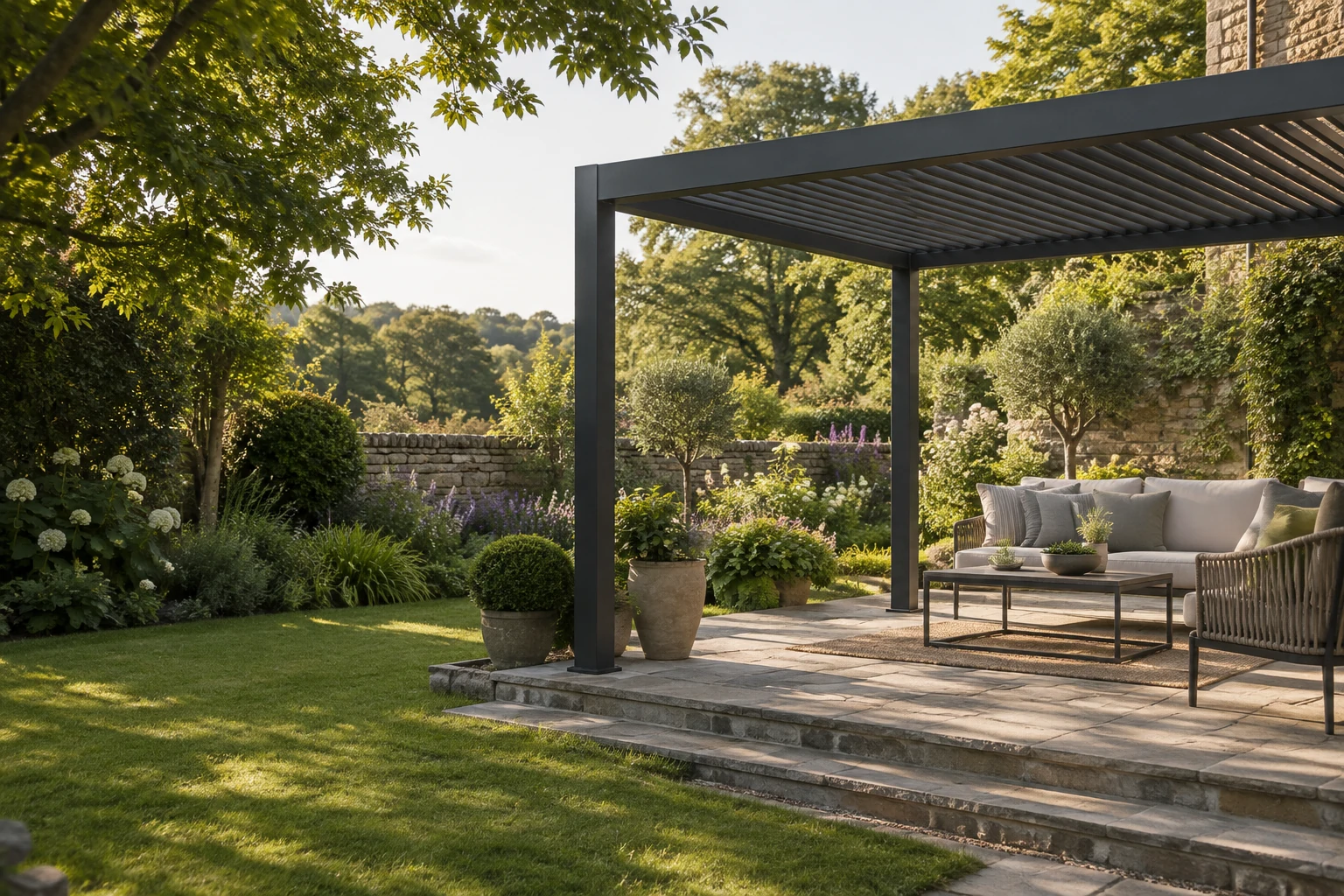 A modern pergola and outdoor seating in a landscaped garden