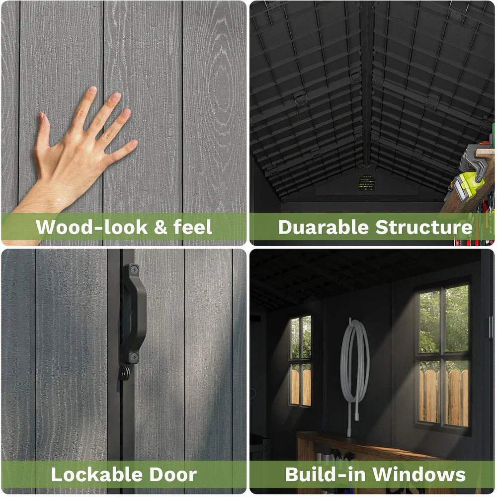Pro Grade 8ft x 12ft Premium Plastic Double Door Garden Shed - Grey Wood Touch Texture - Image 2