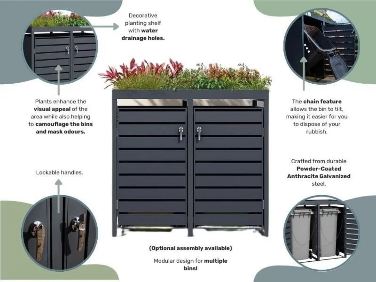 Anthracite Grey Wheelie Bin Storage With Planter- Double Bin Store - Image 6
